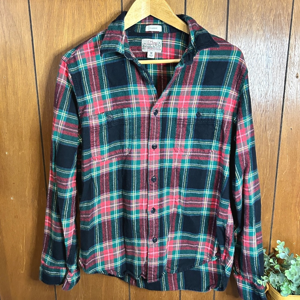 J. Crew Classic Double Brushed Midnight Flannel Shirt Red Green Plaid Size M